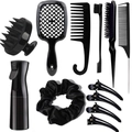 Set professionale da parrucchiere da 11 pezzi nero con spazzola e flacone spray - Set da 11 Pezzi Nero (Pettine a Griglia)