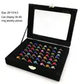 Black velvet jewelry box with metal clasp displaying 30-60 colorful flower rings - Black Ring Jewelry Box