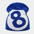 Close-up of the blue knit beanie featuring a white circle with a number 8 graphic detail - M (56-58cm) / White + Blue