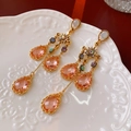Détail des boucles d'oreilles dorées avec cristal goutte rose et strass multicolores - Tige en Argent - Cristal Rose