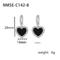 Silver heart-shaped earrings with black inlay and crystal accents, 28mm drop style - Steel Color/Black