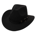 Black felt cowboy fedora with wide brim and leather band with gold metal buckle - One Size (57cm) / Black