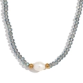 Beaded necklace with grey-blue crystals, golden metal spacers and a large baroque pearl - Electroplated Misty Blue