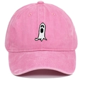 Close-up of white ghost embroidery on pink vintage washed cotton baseball cap - One Size / Pink