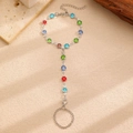 Colorful multi-gem slave bracelet with silver chain and connected ring attachment - Silver Multicolor Round Diamond Slave Bracelet (2242)