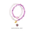 Double-layered strawberry crystal bracelet with purple beads and golden Fu charm - Natural White Quartz Amethyst Lucky Style (WB335)