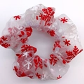 Close-up of white mesh hair scrunchie with festive red and white snowflake patterns - White with Snowflake
