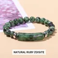 Natural Ruby in Zoisite beaded bracelet with green stones and polished silver spacers - Natural Ruby in Zoisite