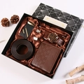 Men's brown business gift set with watch, belt, wallet, and accessories in a gift box - 8-Piece Coffee Set (Belt + Auto Buckle + 2 Cufflinks + Watch + Wallet + Pen + Gift Box)