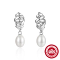 Elegant S925 sterling silver croissant earrings with oval pearls on white background - #6 Spiral-Silver