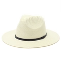 Detail of the woven texture and black ribbon on a cream Panama straw sun hat - M (56-58cm) / Cream