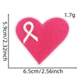 Detailed view of pink heart embroidery patch with white ribbon and size dimensions - Pink Ribbon Patch Style 30