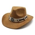 Detailed close-up of brown suede cowboy hat with vintage rivets and sun buckle band - M(56-59CM) / Khaki