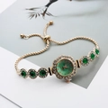 Elegant gold quartz bracelet watch with green gemstone accents and adjustable cord - Rose Gold Green
