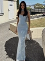 Elegant light blue bodycon maxi dress with fishtail hem and matching neck accessory - Blue