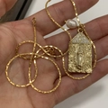 Gold Virgin Mary pendant necklace with colorful zircons and a white pearl charm - Zirconia Mary Tag (20221206SKXL-4)