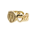 Detail of gold watchband style ring with crystal pave letter W and cutout heart - Letter W
