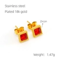 Golden stainless steel square stud earrings with red zircon stones and 18k gold plating - 6mm x 6mm / Red Zirconia