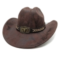Close-up of vintage brown cowboy hat featuring brass longhorn skull and braided rope - Tie-Dye Coffee
