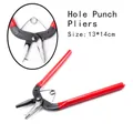 Detail view of red handle hole punch pliers with internal spring and 13x14cm size guide - Punch Pliers