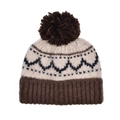 Bonnet en tricot d'hiver avec motifs nordiques et pompon en fausse fourrure marron - Café