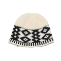 Close-up of thick knit beanie with black geometric pattern on off-white yarn - M (56-58cm) / Beige