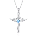S925 silver cross necklace with blue heart zircon and wings in vintage silver finish - D500 Angel Wing Design / Blue Zirconia Pendant Only