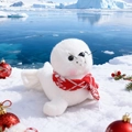 Cute white plush sea lion with red knit scarf in a festive snowy polar scene - White Seal-Red Big Snowflake Scarf / 18cm