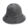Detail of dark gray washed denim bucket hat with reinforced multi-row stitching on brim - Black