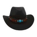 Western black felt cowboy hat featuring a brown leather band with turquoise stone accents - Black