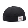 Gorro docker negro retro sin ala con etiqueta tejida blanca y textura de algodón - Ajustable / Negro