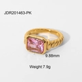 Macro shot of gold croissant ring with large pink emerald-cut gemstone and weight data - US 6 / Rectangular Pink Style (JDR201463-PK)