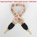 Close-up of beige floral embroidery on ethnic style wide strap with gold metal hooks - Rice Brown Floral Pattern + Black Leather / Silver Hook