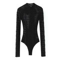 Body da donna in pizzo floreale nero con maniche lunghe e collo alto in tessuto velato - XS / Body Nero