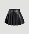 Détail de la mini-jupe plissée en cuir PU noir à taille haute et doubles ceintures - S / Noir