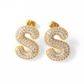 Gold-plated letter S stud earrings with sparkling white zircons for women - Letter S