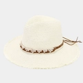 Straw sun hat with frayed brim and decorative woven band for summer beach vacations - One Size / Ivory