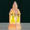 White Christmas church lantern with internal tree scene and warm yellow LED lighting - Pink Christmas Tree