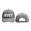 Detail of grey corduroy baseball cap with WIFEY chenille embroidery and gold sequin trim - Adjustable / Light Gray