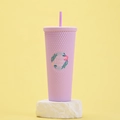 Detail of light purple studded tumbler featuring Best Mom Ever text on white stone base - Lavender