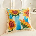 Linen square throw pillow with sunflower print and fringe on a cream sofa - 45x45cm Pillow Cover / Sunflower 2769
