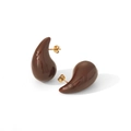 Detail of brown teardrop stud earrings with smooth resin finish and 18k gold posts - Brown