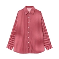 Women's casual loose-fit vertical red and white striped long-sleeve cotton poplin shirt - XS / Red and White Striped