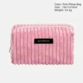 Pink velvet makeup bag with corduroy texture and brand tag, size 19x11x10cm - Pink Pillow Bag
