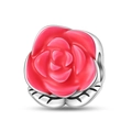 Detail showing red enamel rose charm bead with silver leaves for DIY bracelets - Romantic Warming Rose Bead