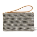 Summer woven straw clutch with black and white wave pattern and leather wristlet strap - Dark Blue Pattern