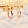 Rose gold hoop earrings with multi-colored cubic zirconia stones on soft floral backdrop - Rose Gold