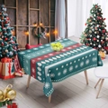 Detailed close-up of festive Christmas tablecloth with snowflake patterns and red border - 40*60cm Brushed Fabric / CDR354-1 (Blue Red Geometric Snowflake)