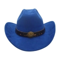 Chapeau de cow-boy en daim bleu vif avec boucle étoile vintage sur une bande en cuir brun - Taille unique / Bleu Saphir