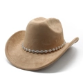 Close-up of suede cowboy hat with sparkling silver rhinestone band and wide brim - M(56-58cm) / Camel (Suede 02)